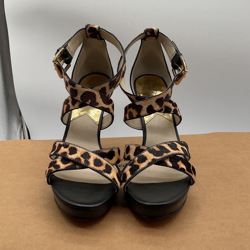 Michael Kors Leopard‎ Calf Hair Platform Sandals Brown Black Stiletto Heels 8M